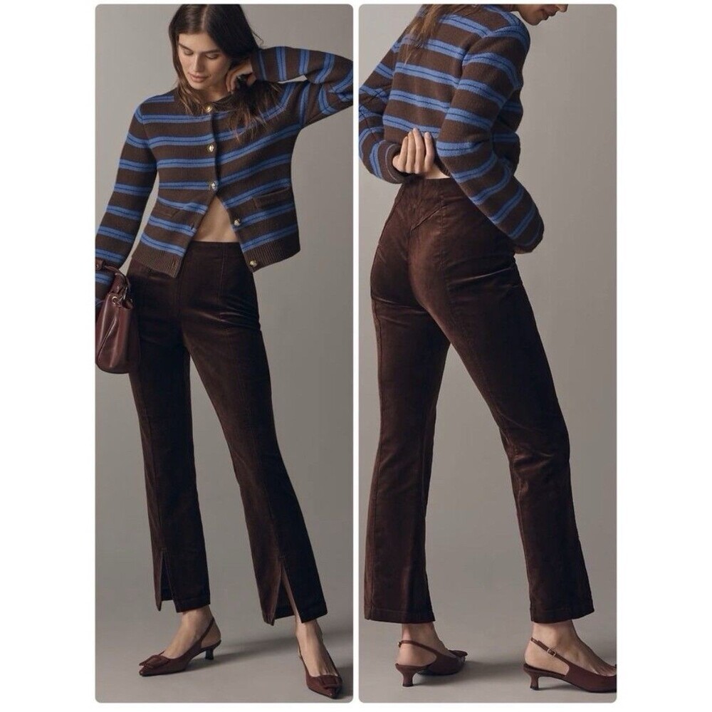 Anthropologie Maeve High Rise Split Front Velvet Skinny Pants Size XL Brown NEW
